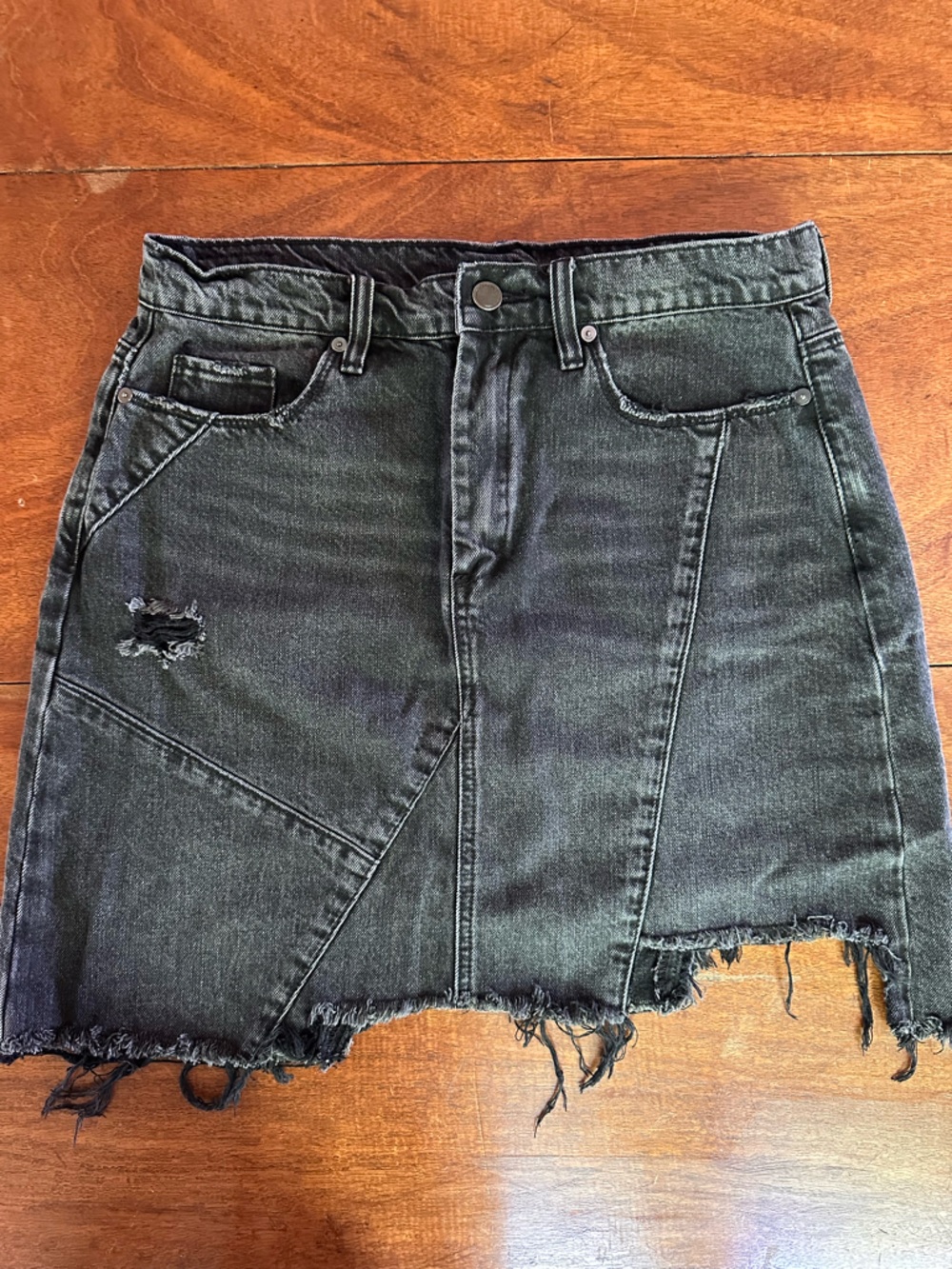BlankNYC Black Denim Asymmetrical Skirt | Raw Hem Distressed Mini Size 30